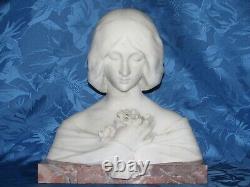 02F11 ANCIENNE STATUE SCULPTURE BUSTE MARBRE BLANC JEUNE FEMME ART NOUVEAU XIXe