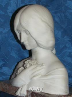 02F11 ANCIENNE STATUE SCULPTURE BUSTE MARBRE BLANC JEUNE FEMME ART NOUVEAU XIXe