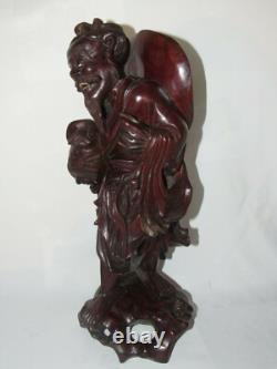 02F12 ANCIENNE SCULPTURE EN BOIS STATUE PÊCHEUR CHINOIS CHINE INDOCHINE FIN XIXe