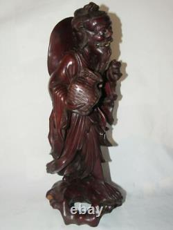 02F12 ANCIENNE SCULPTURE EN BOIS STATUE PÊCHEUR CHINOIS CHINE INDOCHINE FIN XIXe