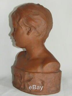 02g15 Ancienne Statue Sculpture Terre Cuite Leon Morice Buste Enfant Garcon