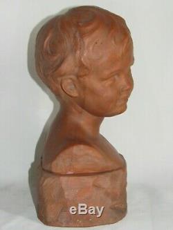 02g15 Ancienne Statue Sculpture Terre Cuite Leon Morice Buste Enfant Garcon
