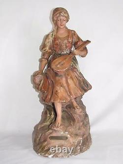 03d13 Ancienne Statue Pltre Polychrome Femme Gitane A La Mandoline Art Nouveau