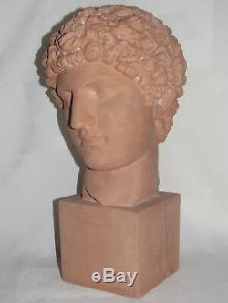 03e1 Ancienne Statue Sculpture Terre Cuite Buste Hermes Divinité Grecque Antique