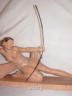 07c43 Ancienne Statue Sculpture Pltre Diane Chasseresse Femme Nue Athlète 1930