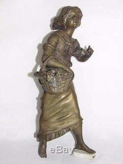 08d29 Ancienne Statue En Bronze Femme Fille Au Panier Art Nouveau Pour Horloge