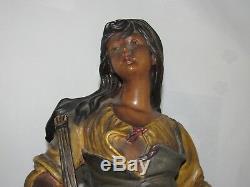 09e1 Ancienne Statue Pltre Polychrome Mignon Femme A La Mandoline Art Nouveau