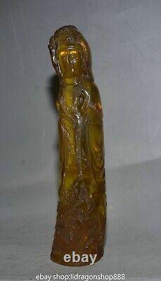 10.8 Ancienne Chine Rouge Ambre Carve Feng Shui Kwan-yin Déesse Dragon Statue