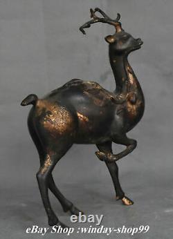 10 Ancien Bronze Doré Feng Shui Longévité Cerf Pêche Chance Statue Sculpture