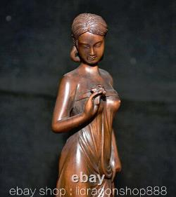 10 Ancien Chine Buis Sculpture À La Main Feng Shui Stand Belle Femme Statue