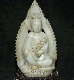 11.2 Ancienne Chine Hetian Jade Sculpture Avalokitesvara Déesse Lotus Statue