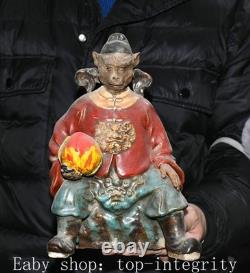 11.4'' ancien chinois Shiwan porcelaine pêche singe personne statue sculpture