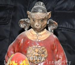 11.4'' ancien chinois Shiwan porcelaine pêche singe personne statue sculpture