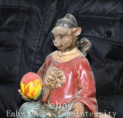 11.4'' ancien chinois Shiwan porcelaine pêche singe personne statue sculpture