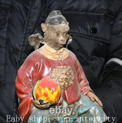 11.4'' ancien chinois Shiwan porcelaine pêche singe personne statue sculpture