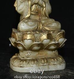 11.6 Ancienne Chine Jade Blanc Doré Kwan-yin Guan Yin Déesse Lotus Statue