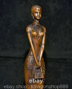 11.8 Ancienne Chine Buis Sculpture À La Main Feng Shui Mince Belle Femme Statue