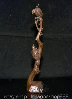 12 Ancien China Buis Sculpté Main Feng Shui 2 Oiseau Branche Statue Sculpture