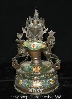 14.8 Ancienne Chine Cuivre Cloisonné Bouddhisme Blanc Tara Déesse Fleur Statue