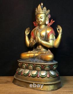 14 ancien bouddhisme chinois bronze quatre bras Guanyin Statue