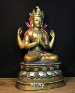 14 ancien bouddhisme chinois bronze quatre bras Guanyin Statue