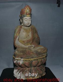 21 Rare ancienne Chine peinture sur bois sculpture siège Guan Yin déesse Statue