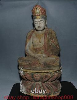 21 Rare ancienne Chine peinture sur bois sculpture siège Guan Yin déesse Statue