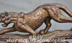 22.8 rare Chine ancienne bronze plaqué or léopard panthère fortune statue
