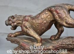22.8 rare Chine ancienne bronze plaqué or léopard panthère fortune statue