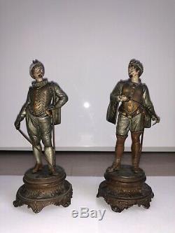 2 Statues Mousquetaire Gentilhomme Épée Art Déco Ancien Rare Français Sculpture
