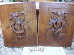2 ancien panneau bois scultpé trophées de chasse hunting trophy pannel wood