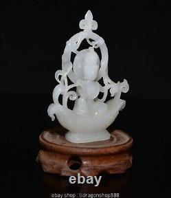 5.6 Ancien Chinois Hetian Blanc Jade Néphrite Sculpté Guan Yin Statue Pendentif