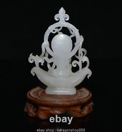 5.6 Ancien Chinois Hetian Blanc Jade Néphrite Sculpté Guan Yin Statue Pendentif