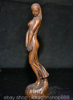 6.8 Ancien Chine Buis Sculpture à La Main Feng Shui Sexy Beauté Statue
