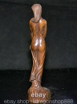 6.8 Ancien Chine Buis Sculpture à La Main Feng Shui Sexy Beauté Statue