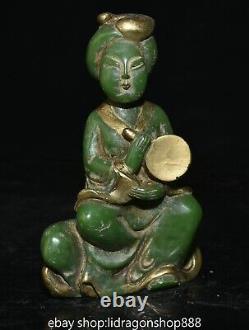 6.8 Ancienne Chine Vert Jade Doré Sculpté Feng Shui Belle Femme Miroir Statue