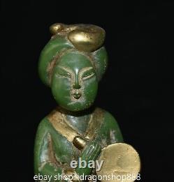 6.8 Ancienne Chine Vert Jade Doré Sculpté Feng Shui Belle Femme Miroir Statue