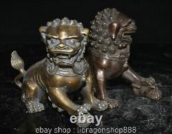 6.8 ancien cuivre chinois Foo Fu chien animal Lion statue sculpture paire