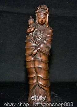 8.2Ancien Chine Buis Sculpture À La Main Feng Shui Guan Yin Déesse Louts Statue