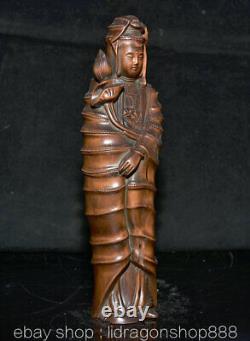 8.2Ancien Chine Buis Sculpture À La Main Feng Shui Guan Yin Déesse Louts Statue