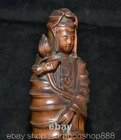8.2Ancien Chine Buis Sculpture À La Main Feng Shui Guan Yin Déesse Louts Statue