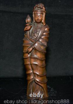 8.2Ancien Chine Buis Sculpture À La Main Feng Shui Guan Yin Déesse Louts Statue