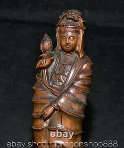 8.2Ancien Chine Buis Sculpture À La Main Feng Shui Guan Yin Déesse Louts Statue