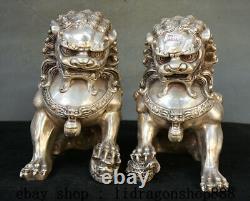 8,4 Ancien Chine Argent Fengshui Foo Fu Chien Garde Lion Paire Statue Sculpture
