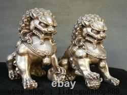 8,4 Ancien Chine Argent Fengshui Foo Fu Chien Garde Lion Paire Statue Sculpture