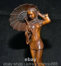 8.8 Ancien Chine Buis Sculpture À La Main Feng Shui Parapluie Beauté Statue