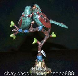 8,8 Ancien Tibet Cuivre Turquoise Gemmes Feng Shui Fleur Oiseau Arbre Sculpture