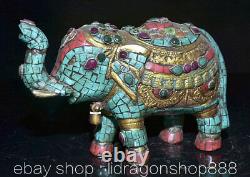 8 Ancien Tibet Cuivre Turquoise Gemmes Feng Shui Chance l'éléphant Sculpture