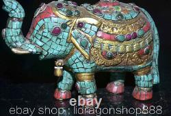 8 Ancien Tibet Cuivre Turquoise Gemmes Feng Shui Chance l'éléphant Sculpture