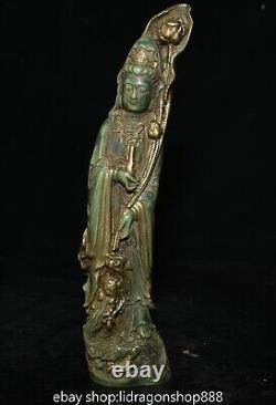 9.2 Ancienne Chine Vert Jade Doré Sculpture Kwan-yin Guan Yin Dragon Statue